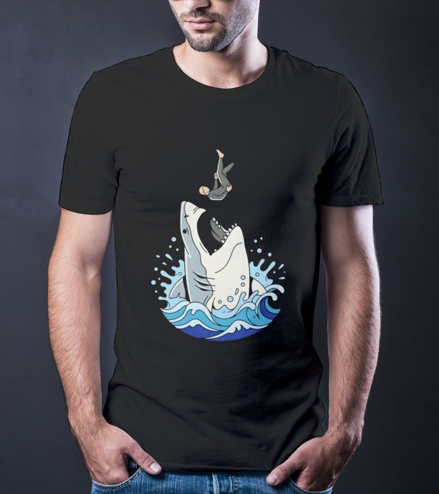 Great White Shark Surfer Falling Water Splash Scene T-Shirt