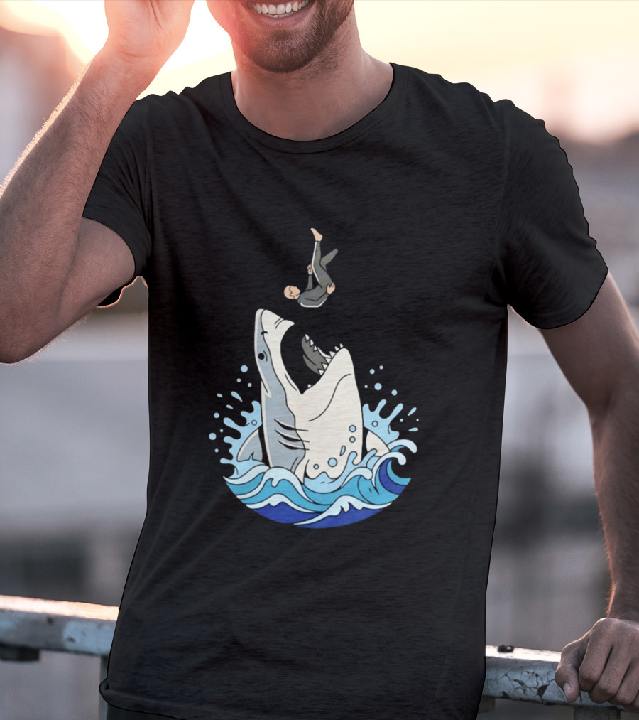 Great White Shark Surfer Falling Water Splash Scene T-Shirt