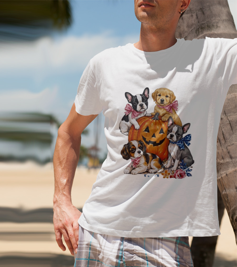 Puppies With Pink And Blue Bows Jack O' Lantern Pumpkin Halloween T-Shirt