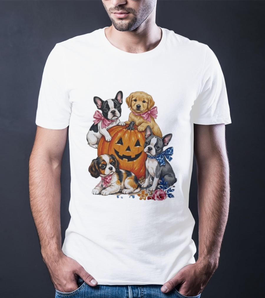 Puppies With Pink And Blue Bows Jack O' Lantern Pumpkin Halloween T-Shirt