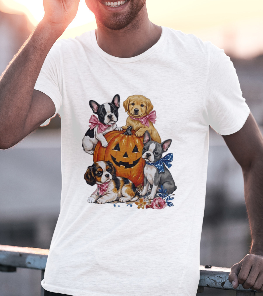 Puppies With Pink And Blue Bows Jack O' Lantern Pumpkin Halloween T-Shirt