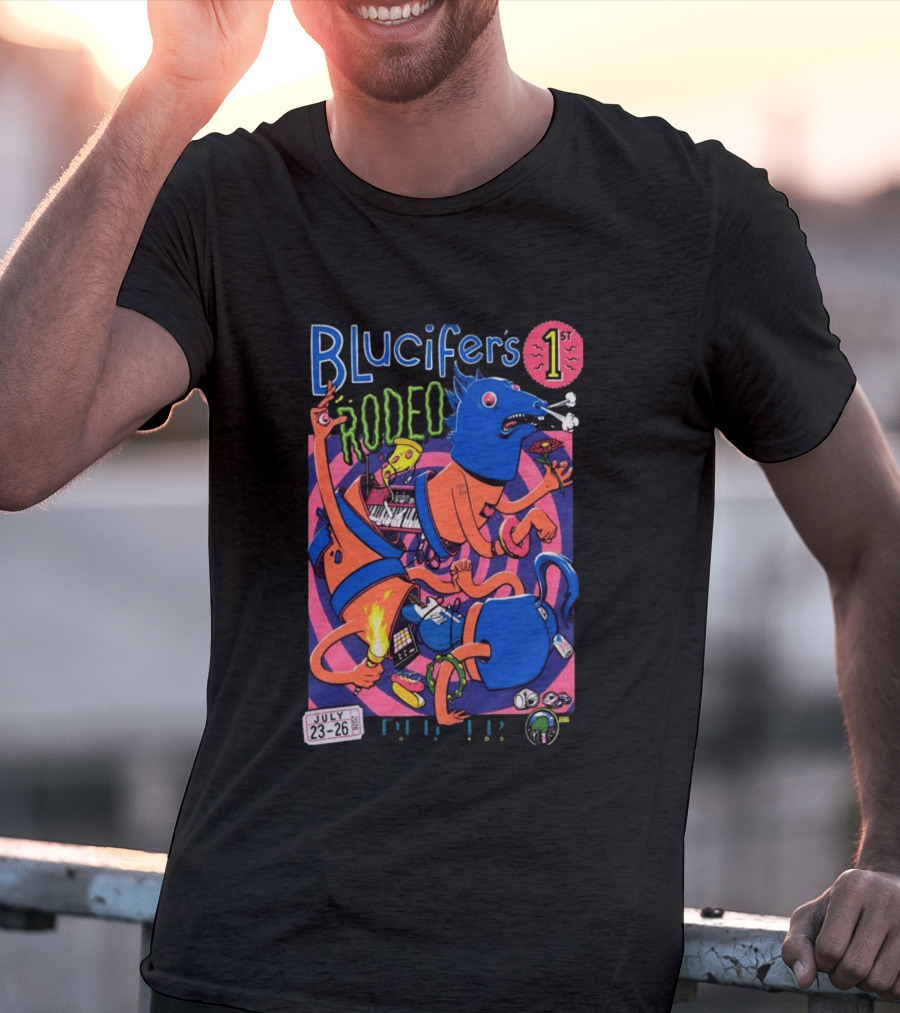 Blucifer's First Rodeo Denver CO July 23 26 2026 Colorful Cartoon T-Shirt