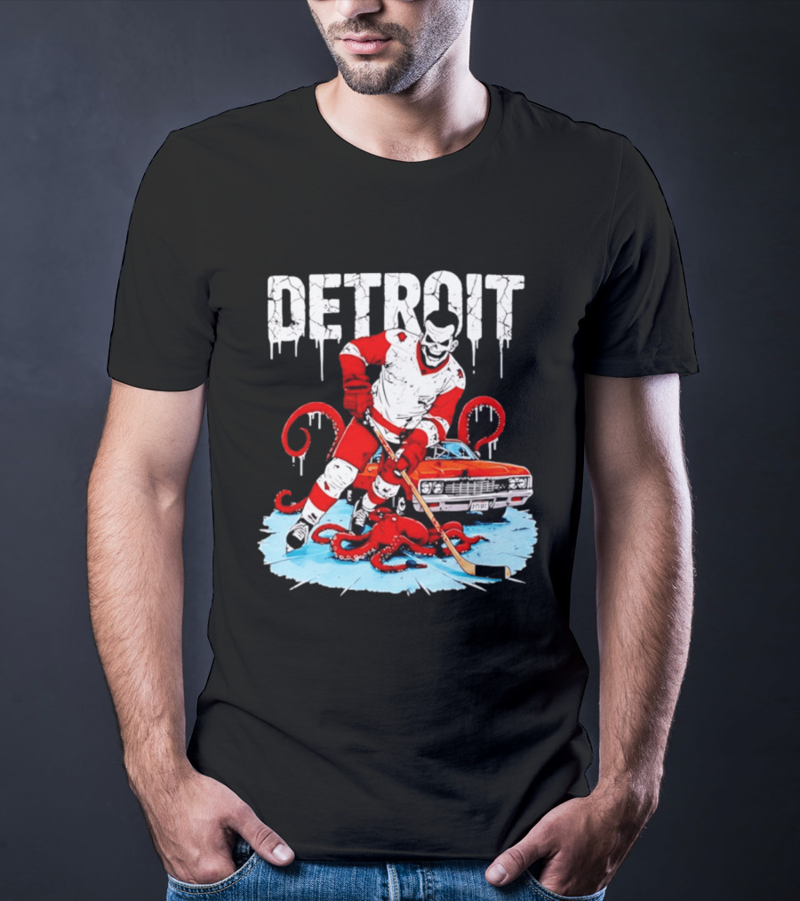 Detroit Hockey Skeleton Octopus Muscle Car T-Shirt