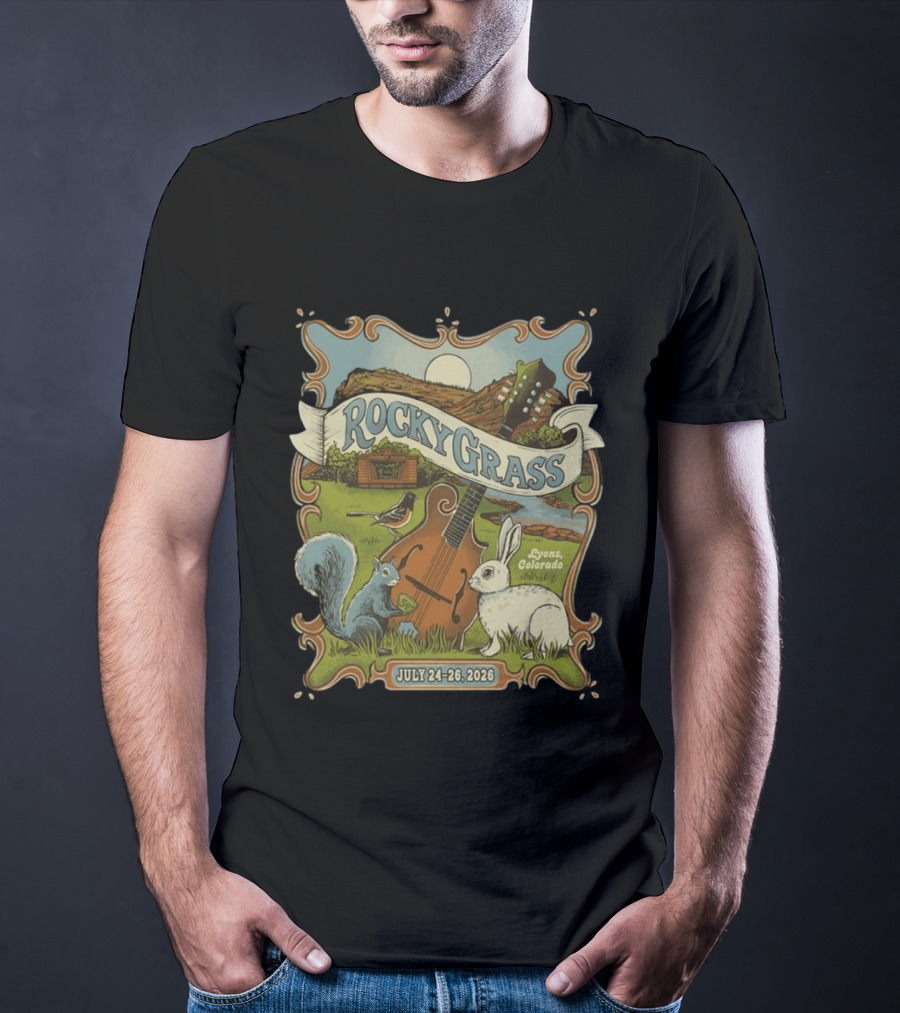 RockyGrass Festival July 24 26 2026 Planet Bluegrass Ranch Lyons Colorado Wildlife And Banjo Scenery T-Shirt