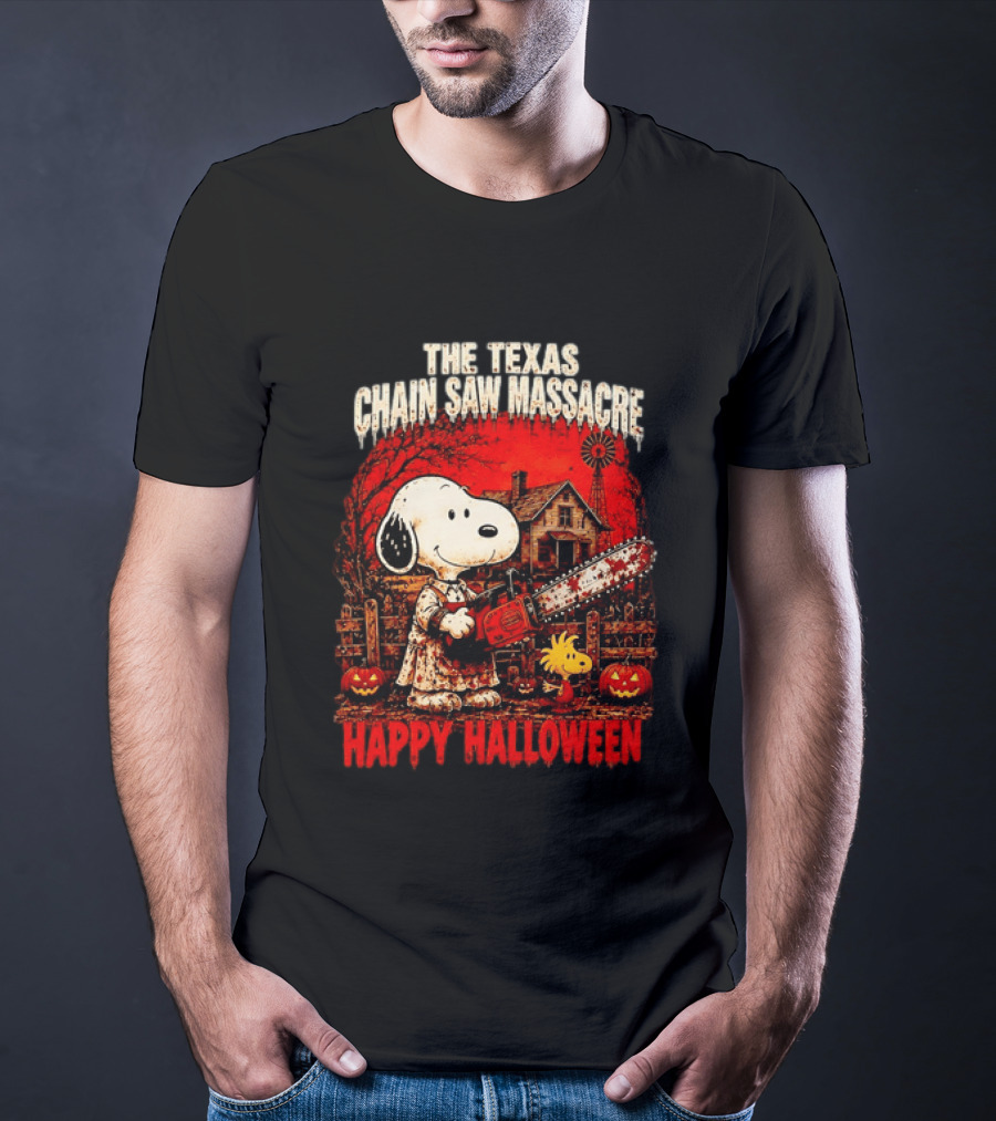 Snoopy Woodstock The Texas Chain Saw Massacre Happy Halloween Scene T-Shirt