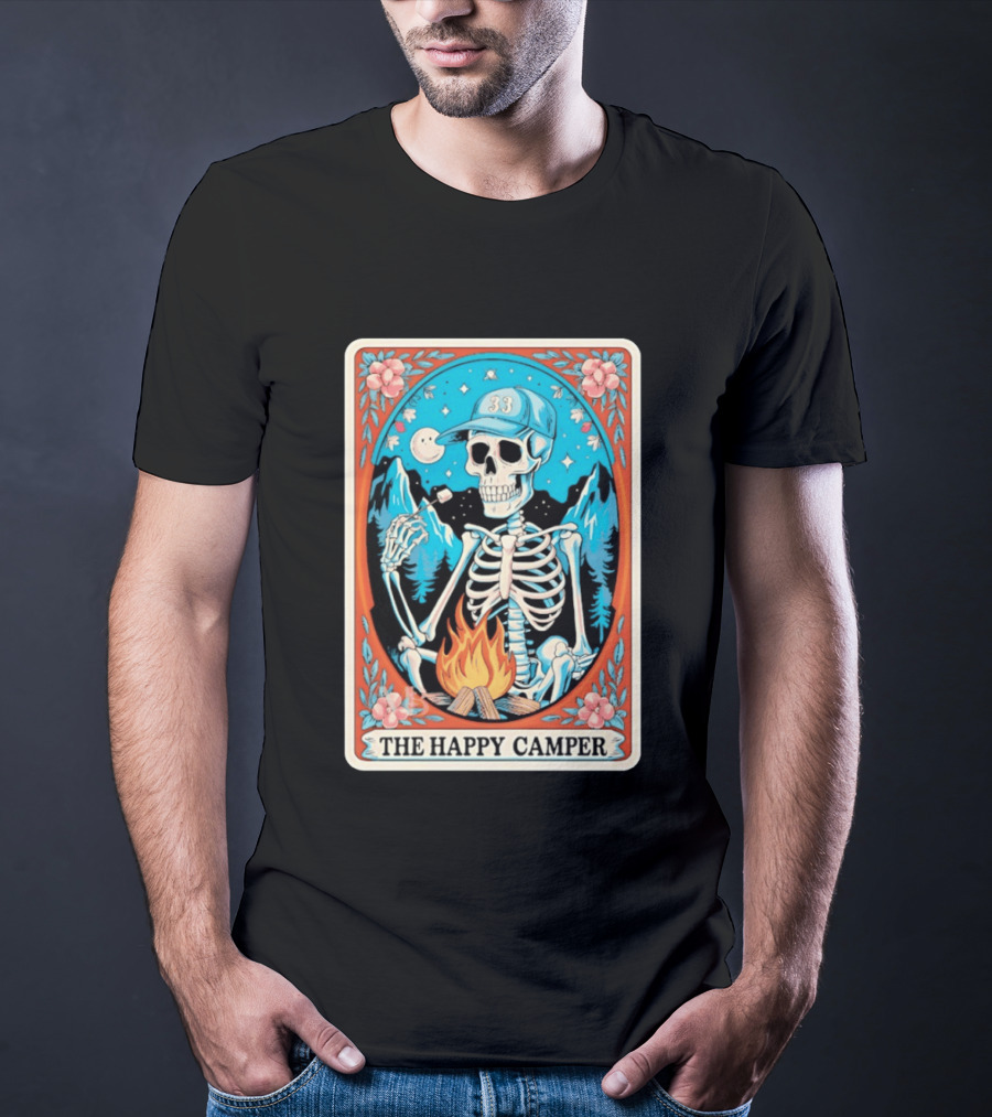 The Happy Camper Skeleton 33 Marshmallow Campfire Scene T-Shirt