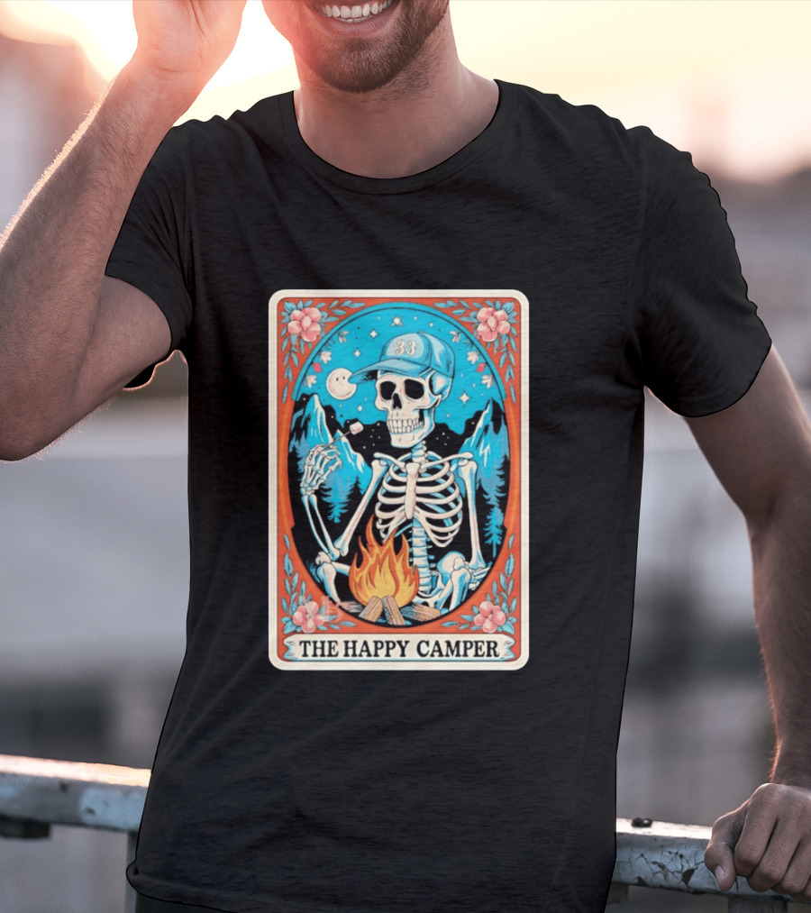 The Happy Camper Skeleton 33 Marshmallow Campfire Scene T-Shirt