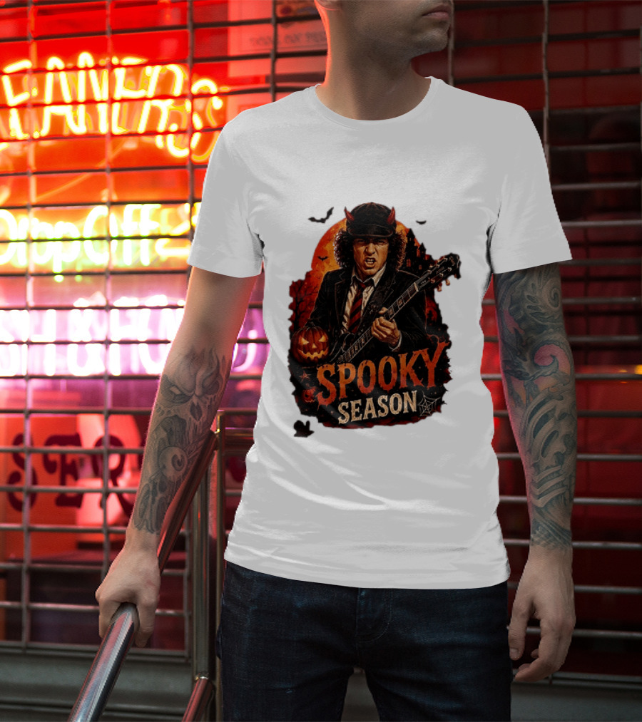 Spooky Season Angus Young Halloween AC DC Inspired Pumpkin Guitar T-Shirt