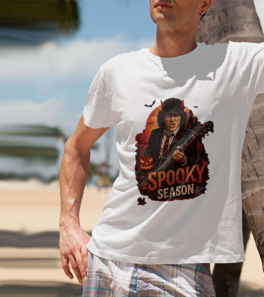 Spooky Season Angus Young Halloween AC DC Inspired Pumpkin Guitar T-Shirt