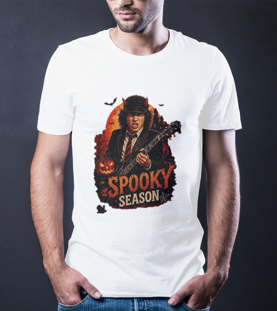 Spooky Season Angus Young Halloween AC DC Inspired Pumpkin Guitar T-Shirt