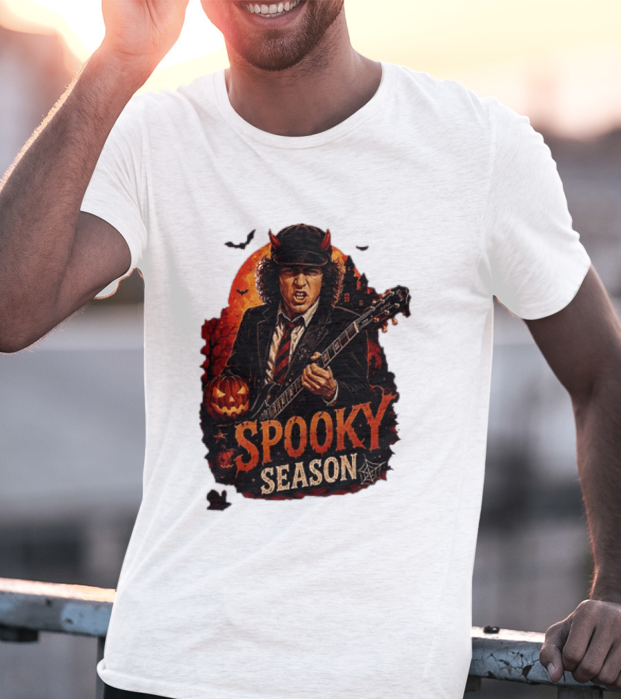 Spooky Season Angus Young Halloween AC DC Inspired Pumpkin Guitar T-Shirt
