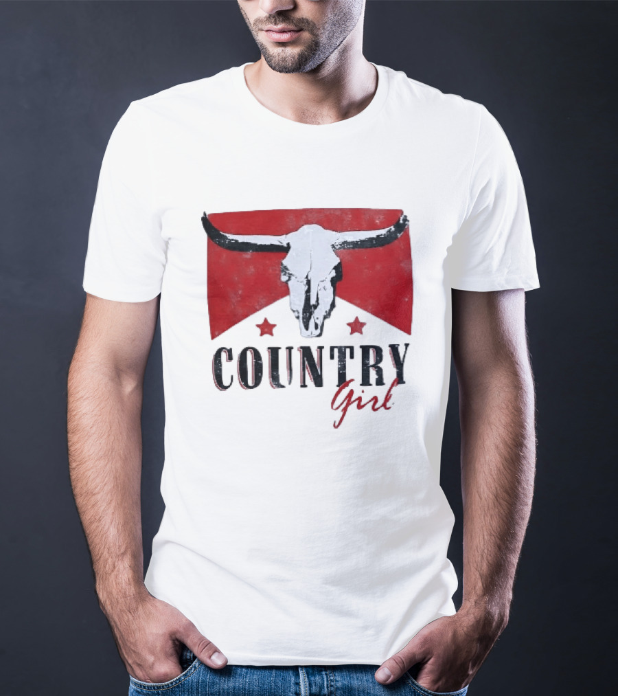 Country Girl Western Bull Skull Red Star Banner T-Shirt