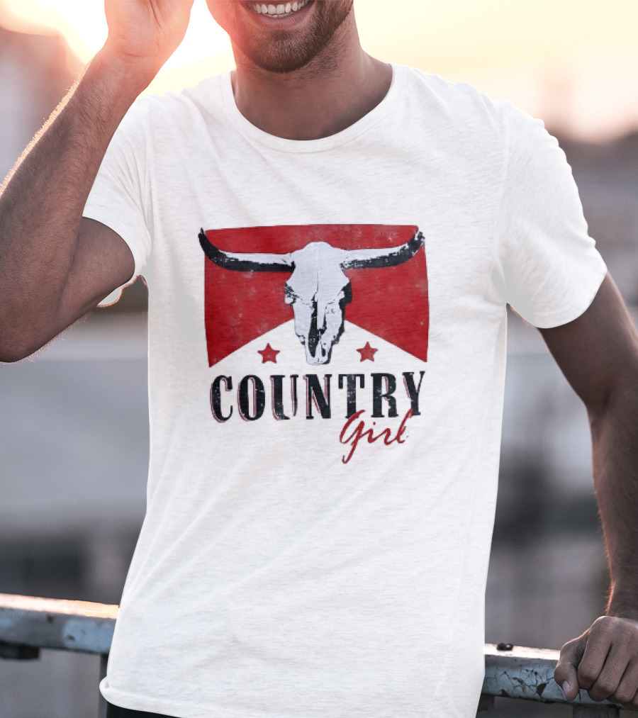 Country Girl Western Bull Skull Red Star Banner T-Shirt
