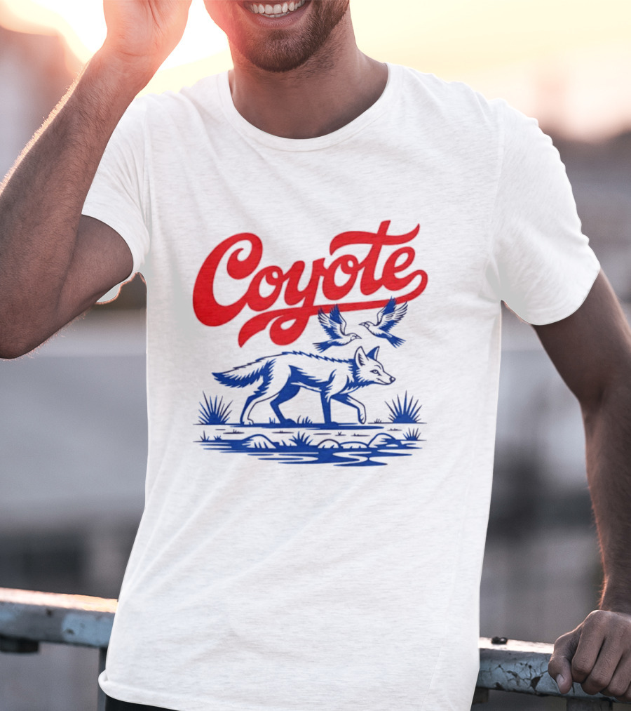 Coyote With Birds In Desert Scene Wild Western Desert T-Shirt