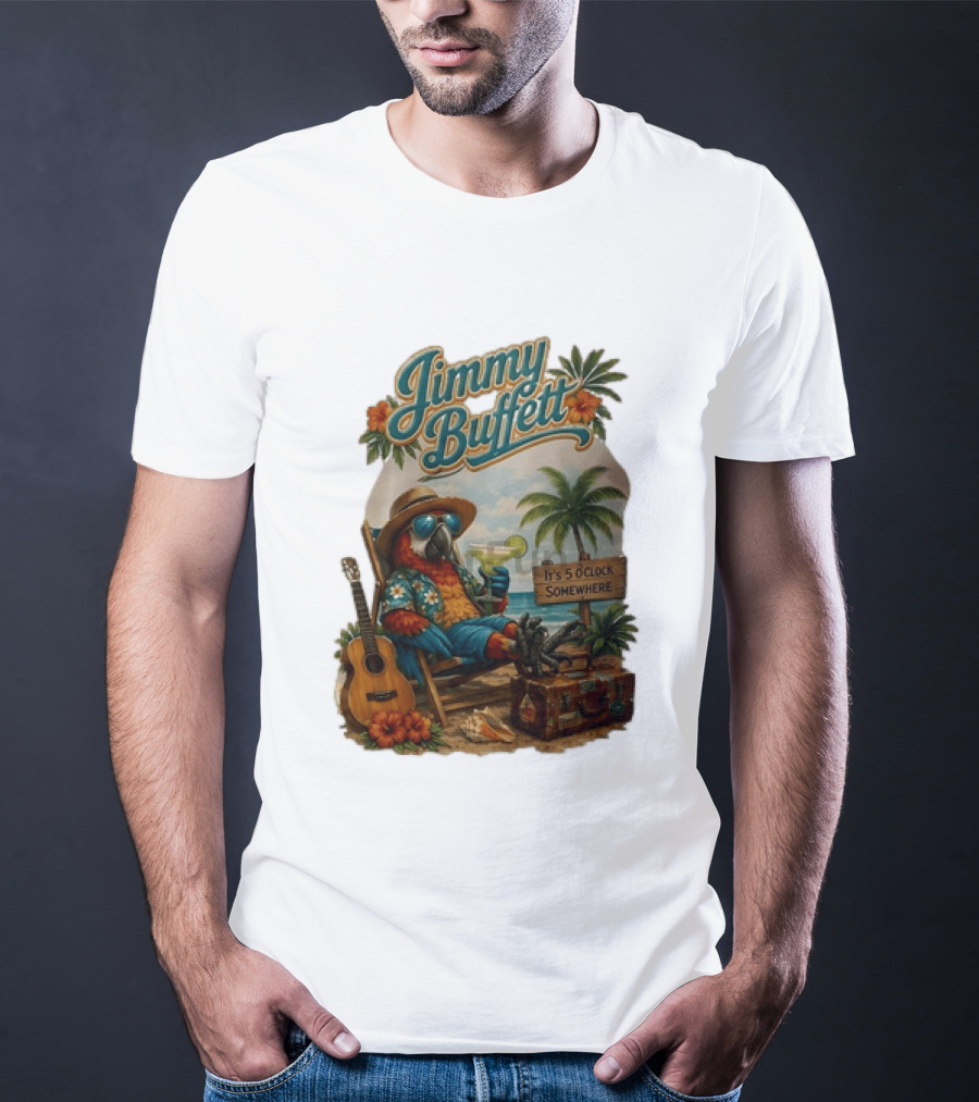 Jimmy Buffett It's 5 O' Somewhere Tropical Parrot Beach Guitar Cocktails Palm Trees T-Shirt