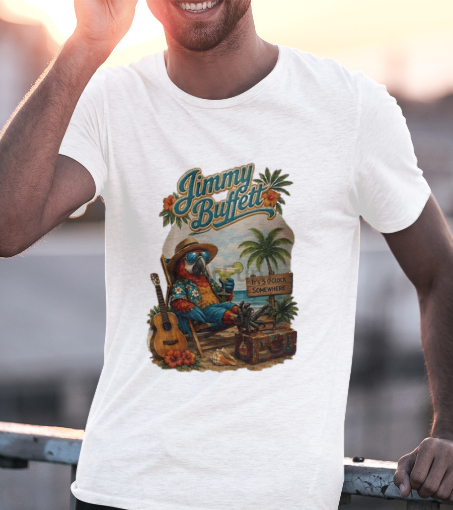 Jimmy Buffett It's 5 O' Somewhere Tropical Parrot Beach Guitar Cocktails Palm Trees T-Shirt