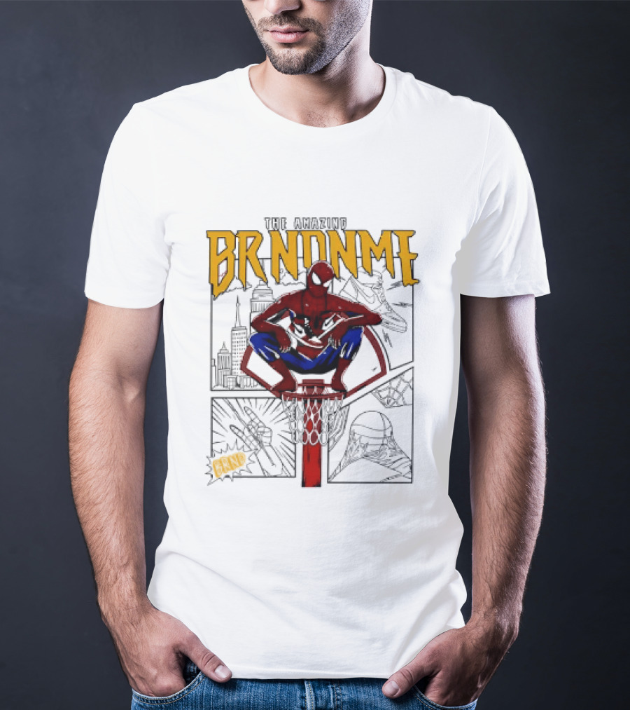 The Amazing Brndnme Spider Man Squatting On Basketball Hoop Cityscape Comic Panels T-Shirt