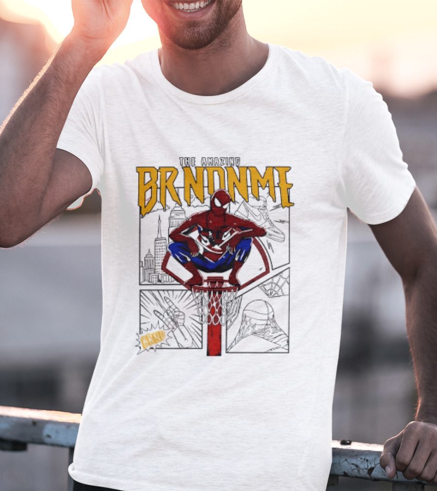 The Amazing Brndnme Spider Man Squatting On Basketball Hoop Cityscape Comic Panels T-Shirt