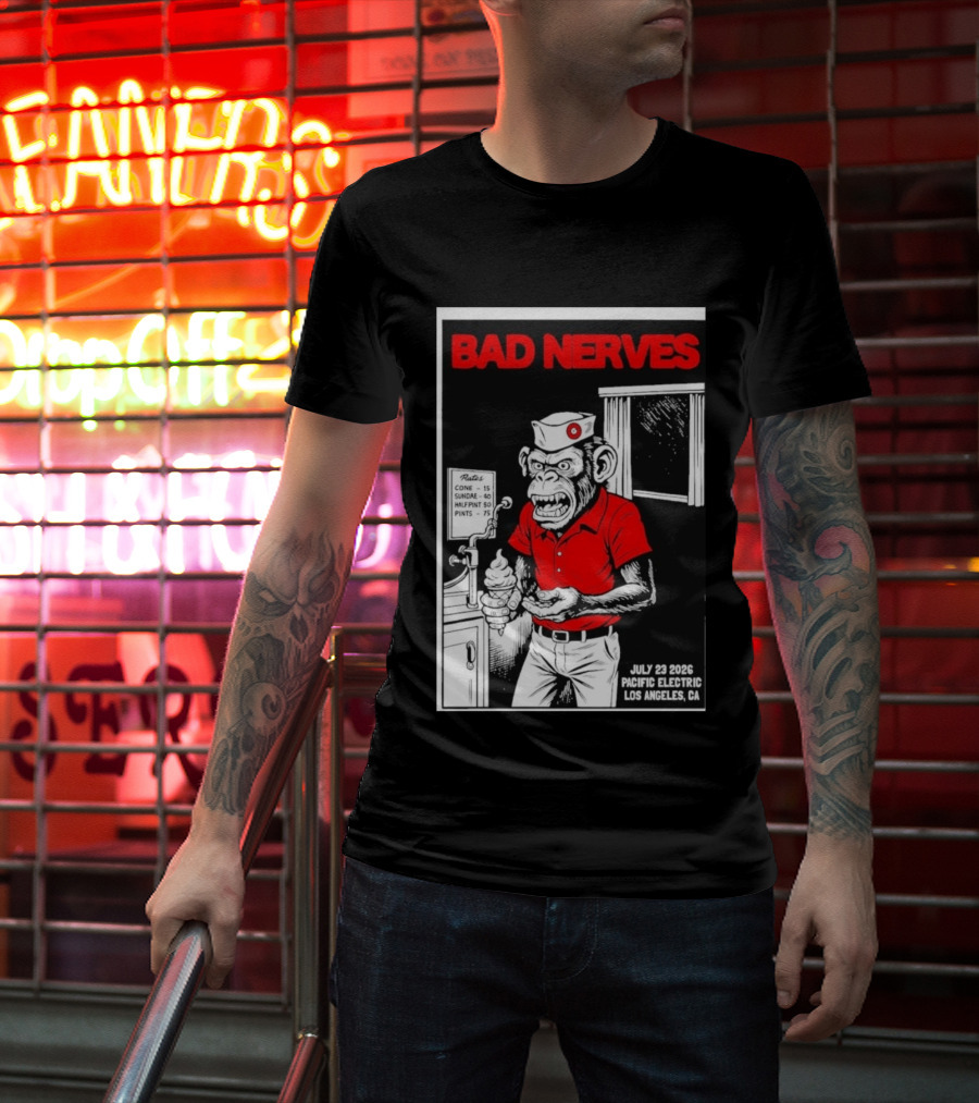 Bad Nerves July 23 2026 Pacific Electric Los Angeles Monkey Ice Cream Server Comic T-Shirt