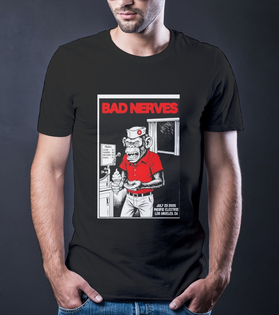 Bad Nerves July 23 2026 Pacific Electric Los Angeles Monkey Ice Cream Server Comic T-Shirt