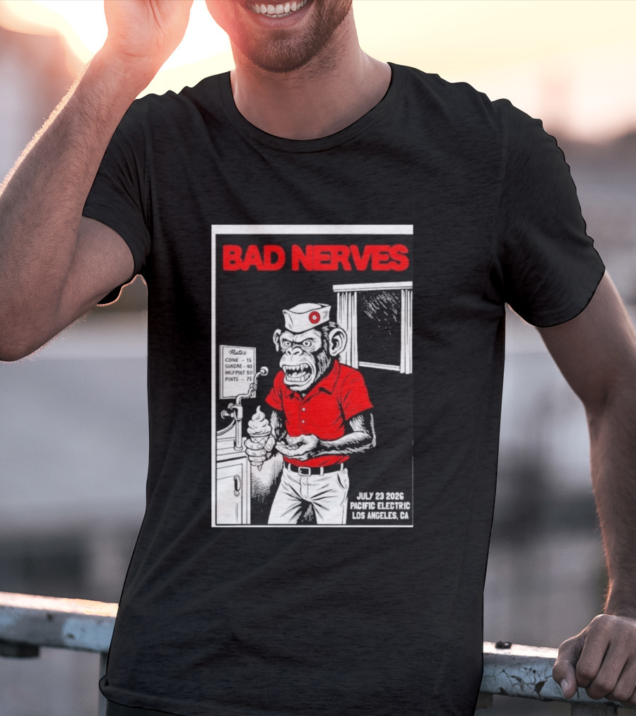 Bad Nerves July 23 2026 Pacific Electric Los Angeles Monkey Ice Cream Server Comic T-Shirt