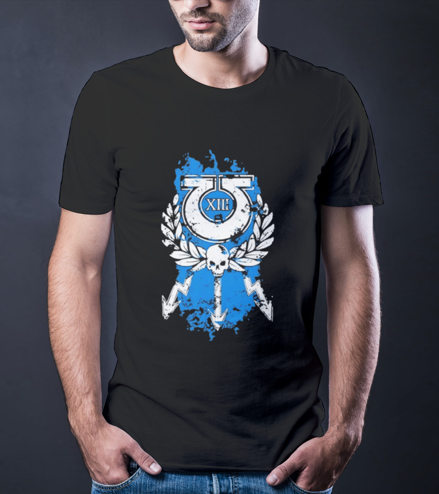 XIII Ultramarines Distressed Warhammer 40k Skull Lightning Laurel T-Shirt