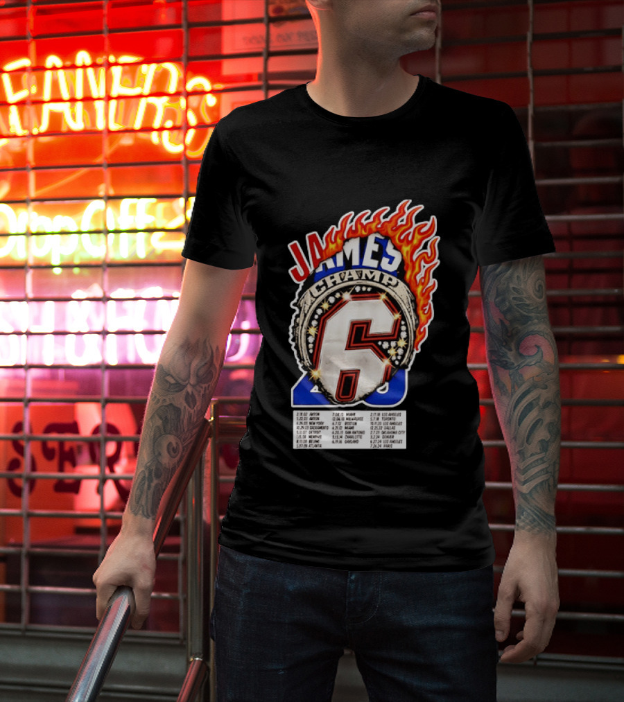 LeBron James Champ 6 Milestone Dates Cleveland Miami Los Angeles 2012 2013 2016 2020 T-Shirt