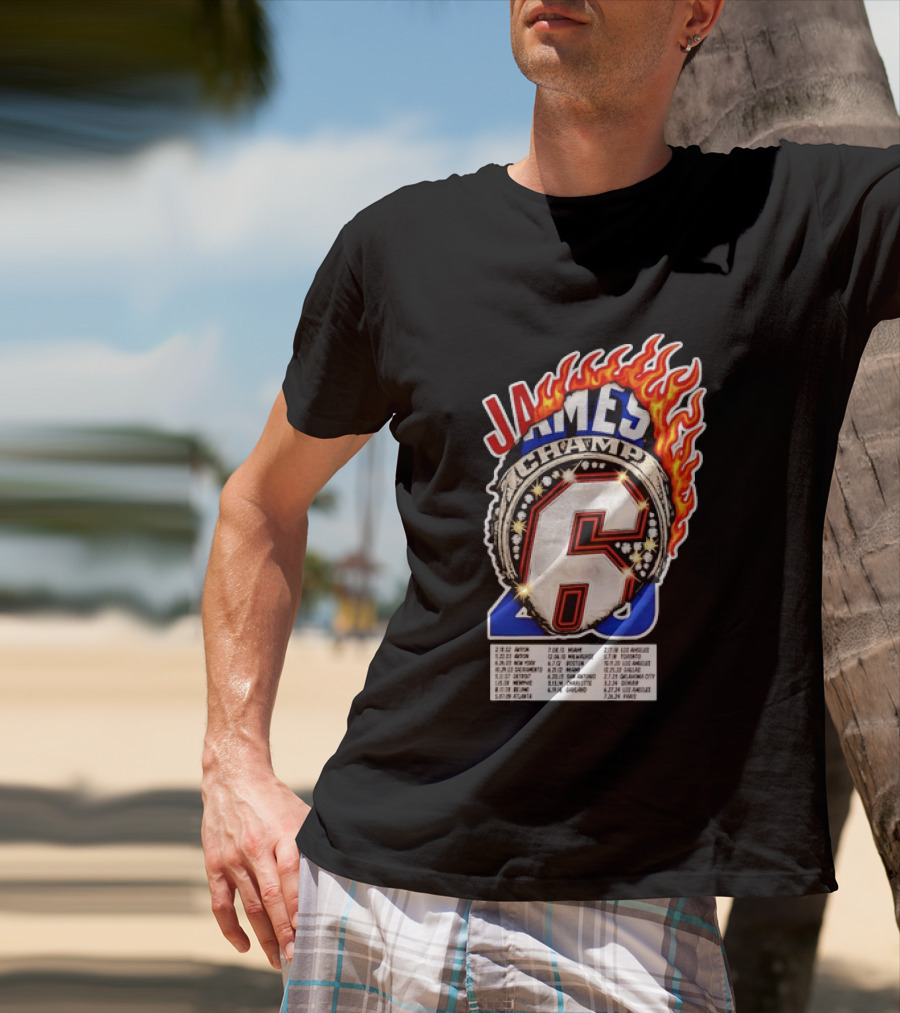 LeBron James Champ 6 Milestone Dates Cleveland Miami Los Angeles 2012 2013 2016 2020 T-Shirt