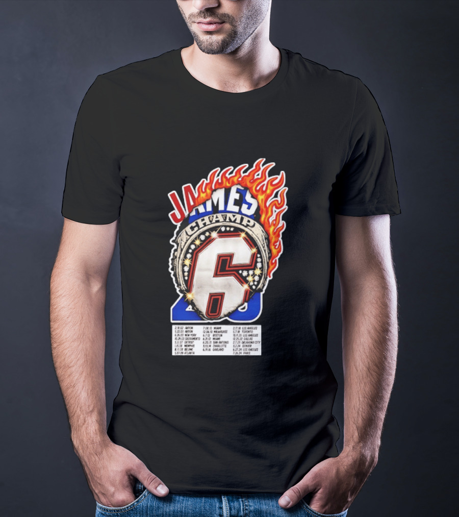 LeBron James Champ 6 Milestone Dates Cleveland Miami Los Angeles 2012 2013 2016 2020 T-Shirt