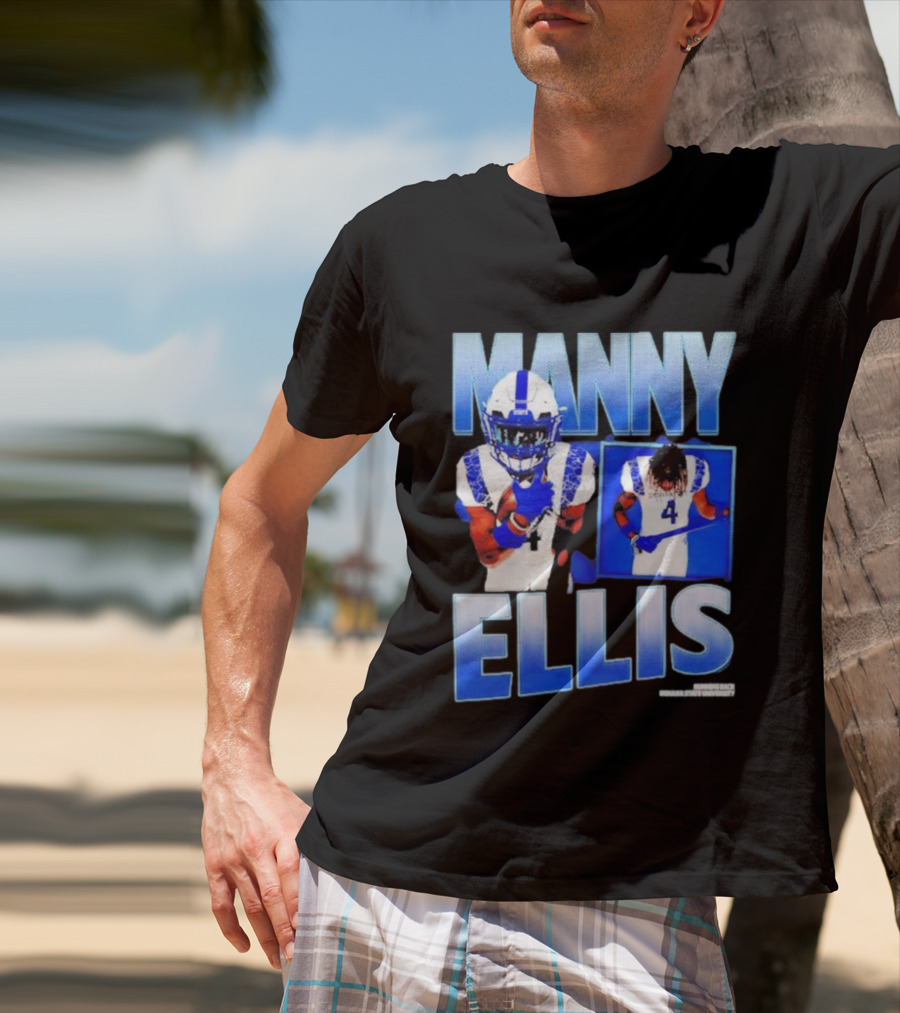 Manny Ellis Indiana State Running Back Football Jersey Number 4 Blue And White T-Shirt