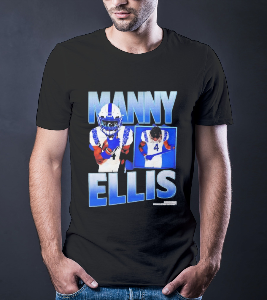 Manny Ellis Indiana State Running Back Football Jersey Number 4 Blue And White T-Shirt