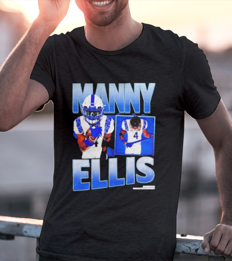 Manny Ellis Indiana State Running Back Football Jersey Number 4 Blue And White T-Shirt