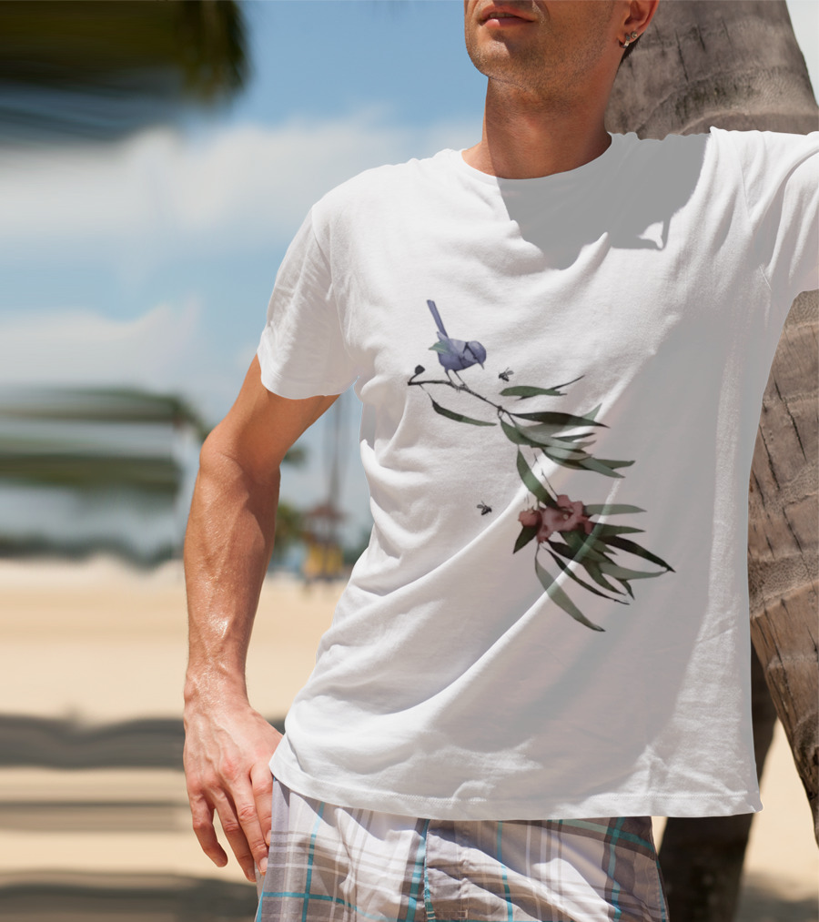 Blue Wren On Eucalyptus Branch With Red Blossoms Bird T-Shirt