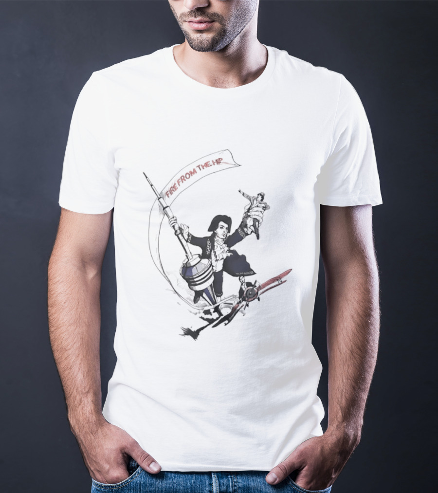 Fire From The Hip Surrealist Surreal Gun Wielding Figure Banner T-Shirt