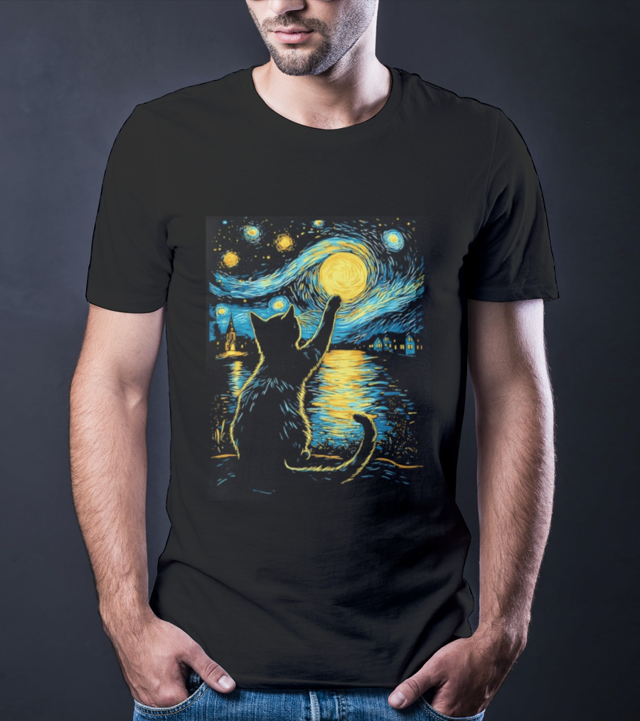 Cat Reaching For The Moon Starry Night Van Gogh Inspired Scene T-Shirt