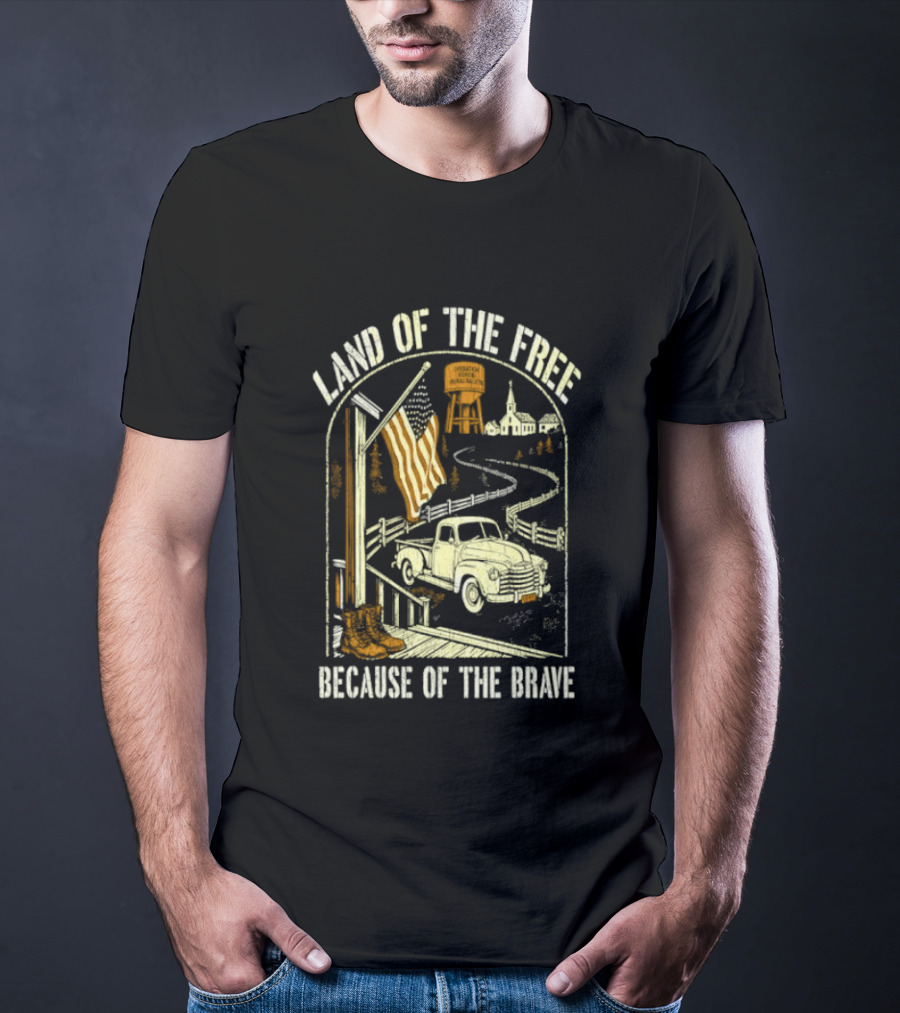 Land Of The Free Because Of The Brave American Patriotic Farm Truck With Flag And Country Landscape T-Shirt