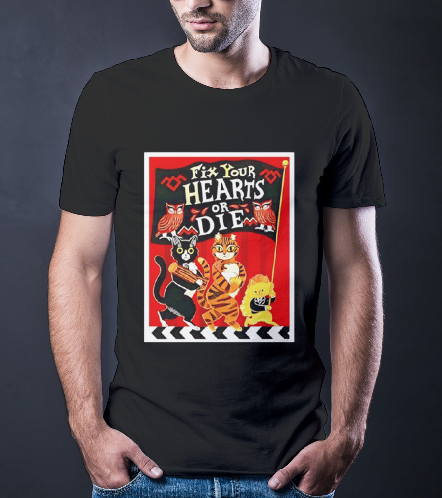Twin Peaks Cats Fix Your Hearts Or Die David Lynch Owls Red Banner T-Shirt