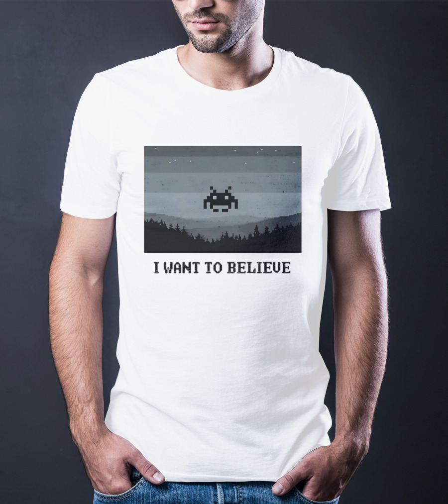 I Want To Believe Space Invader Pixel UFO Forest Scene T-Shirt