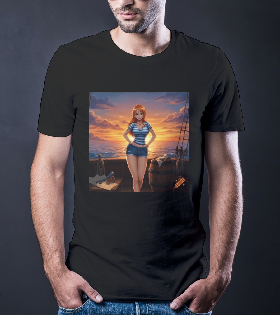 Nami One Piece Joyful Sunset Pirate Ship Ocean Scene T-Shirt