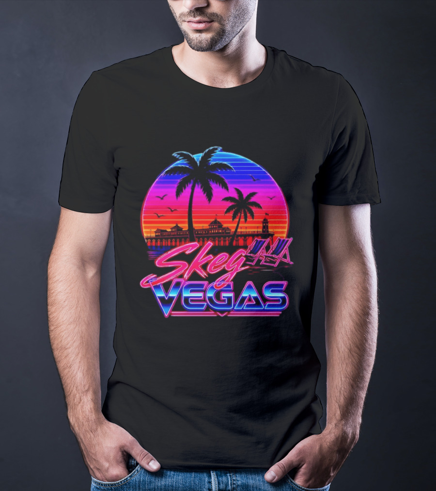 Skeg Vegas Beach Pier Sunset Skegness Retro Neon T-Shirt