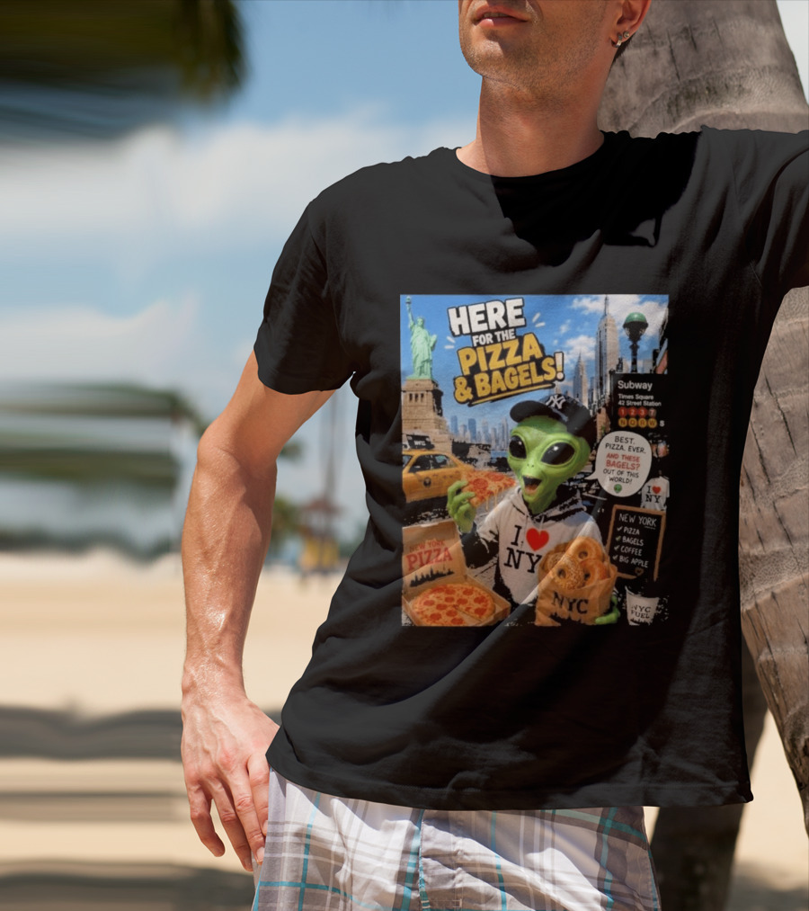 NYC Alien Loves Pizza And Bagels With Statue Of Liberty And Times Square Subway T-Shirt