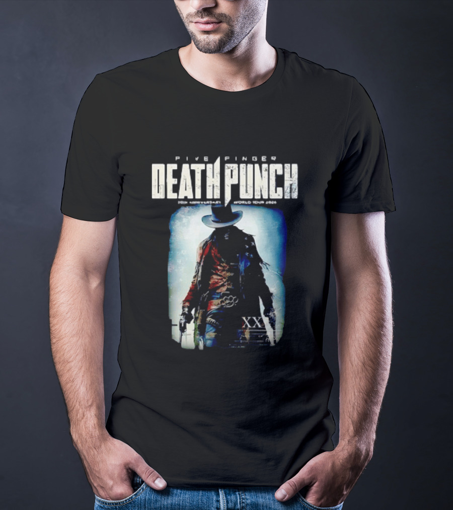 Five Finger Death Punch 20th Anniversary World Tour 2026 Cowboy Imagery With Knuckle Duster And Pistols T-Shirt