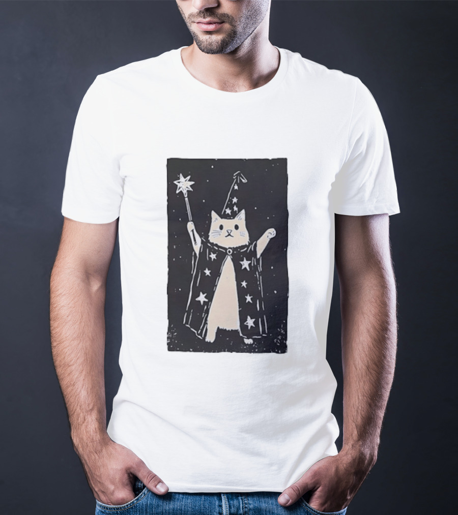 The Magician Cat Tarot Card Wizard Hat Starry Cloak Magic Wand T-Shirt