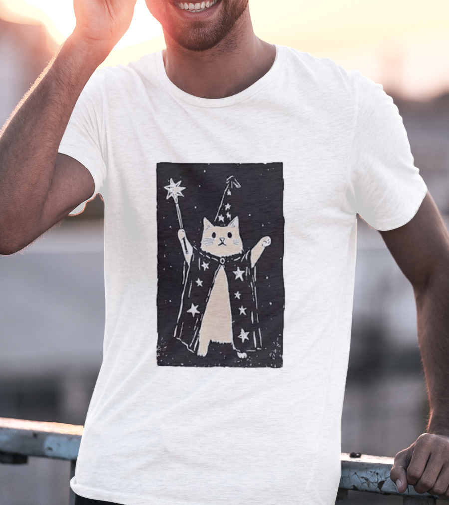 The Magician Cat Tarot Card Wizard Hat Starry Cloak Magic Wand T-Shirt