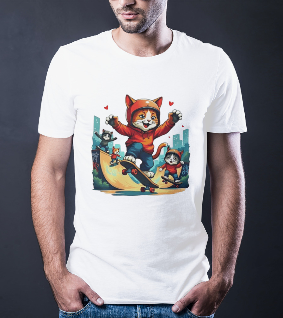 Skateboarding Cats In Helmets With Hearts And Cityscape T-Shirt