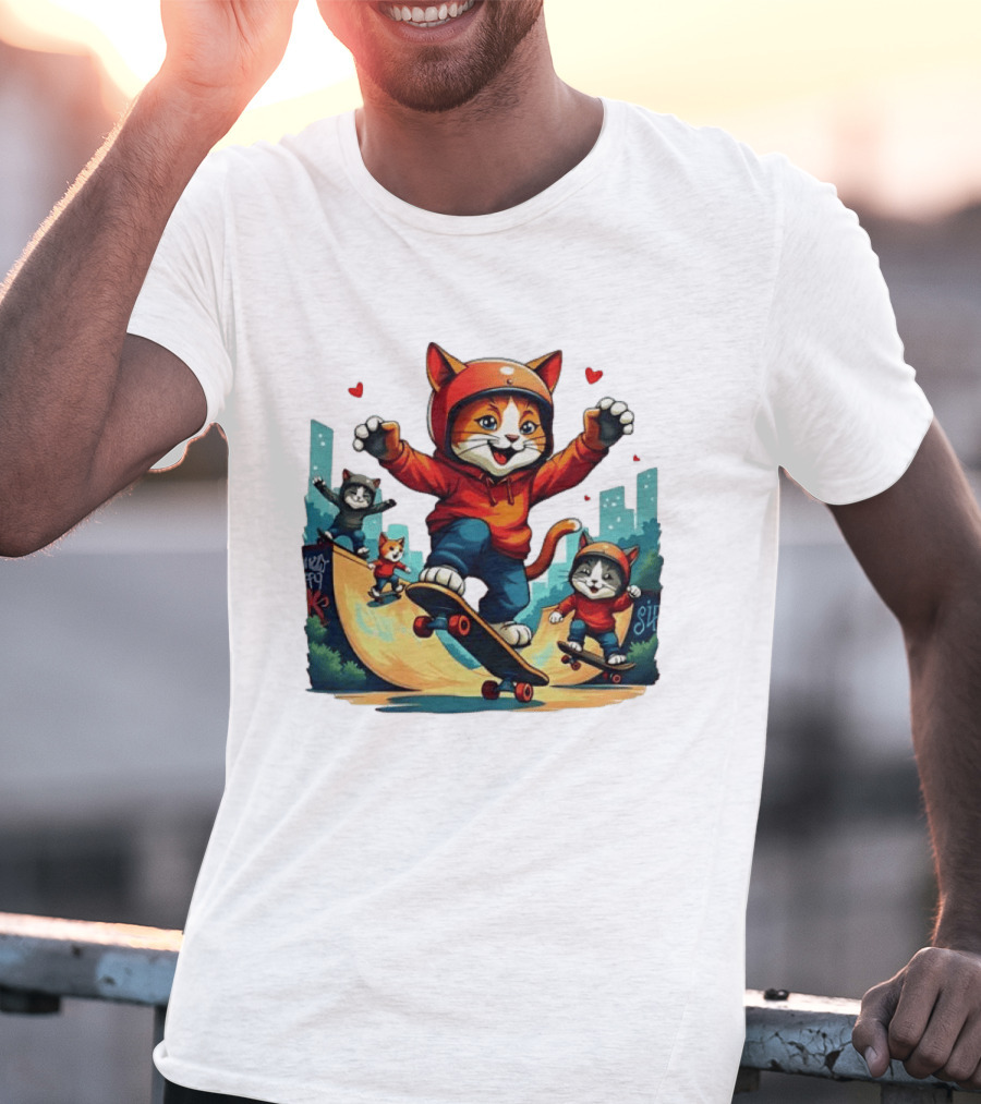 Skateboarding Cats In Helmets With Hearts And Cityscape T-Shirt