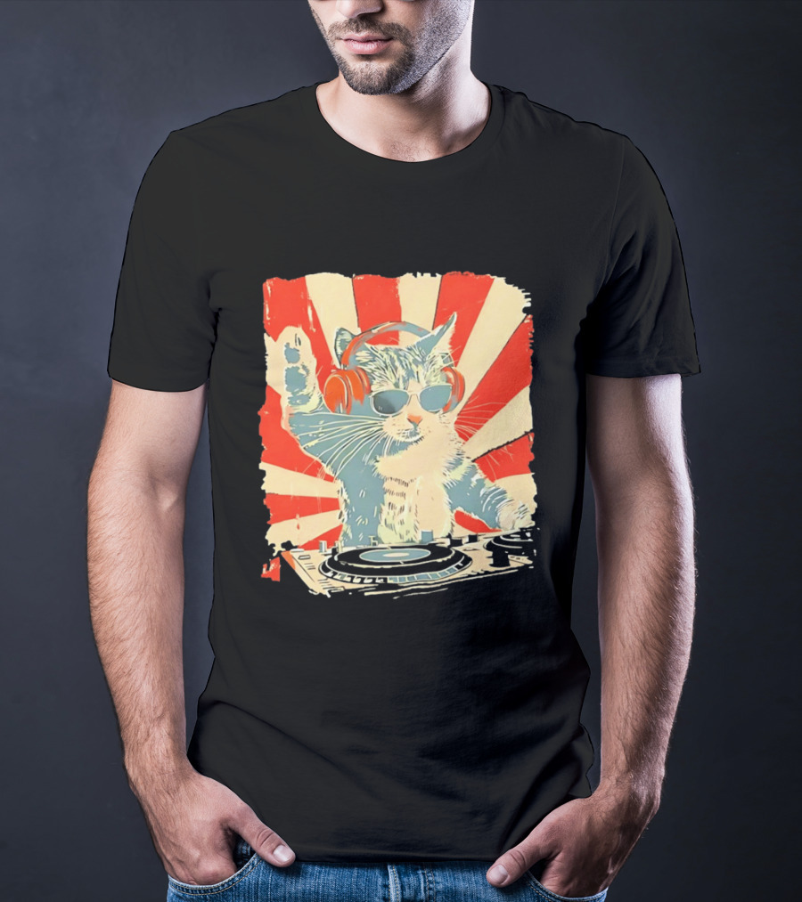 DJ Cat Headphones Sunglasses Retro Style Music Lover T-Shirt