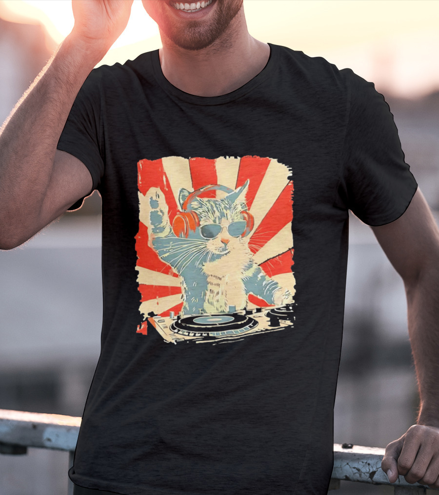 DJ Cat Headphones Sunglasses Retro Style Music Lover T-Shirt