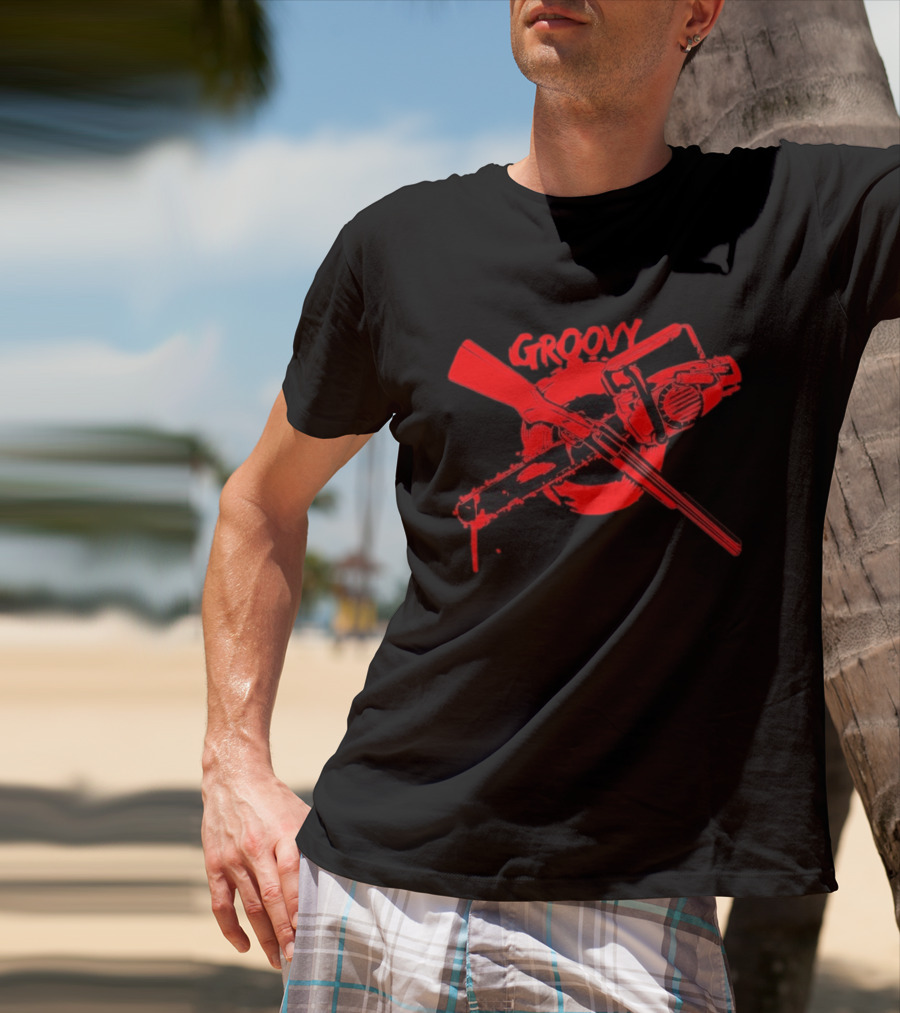 Ash Williams Evil Dead Groovy Chainsaw Shotgun T-Shirt