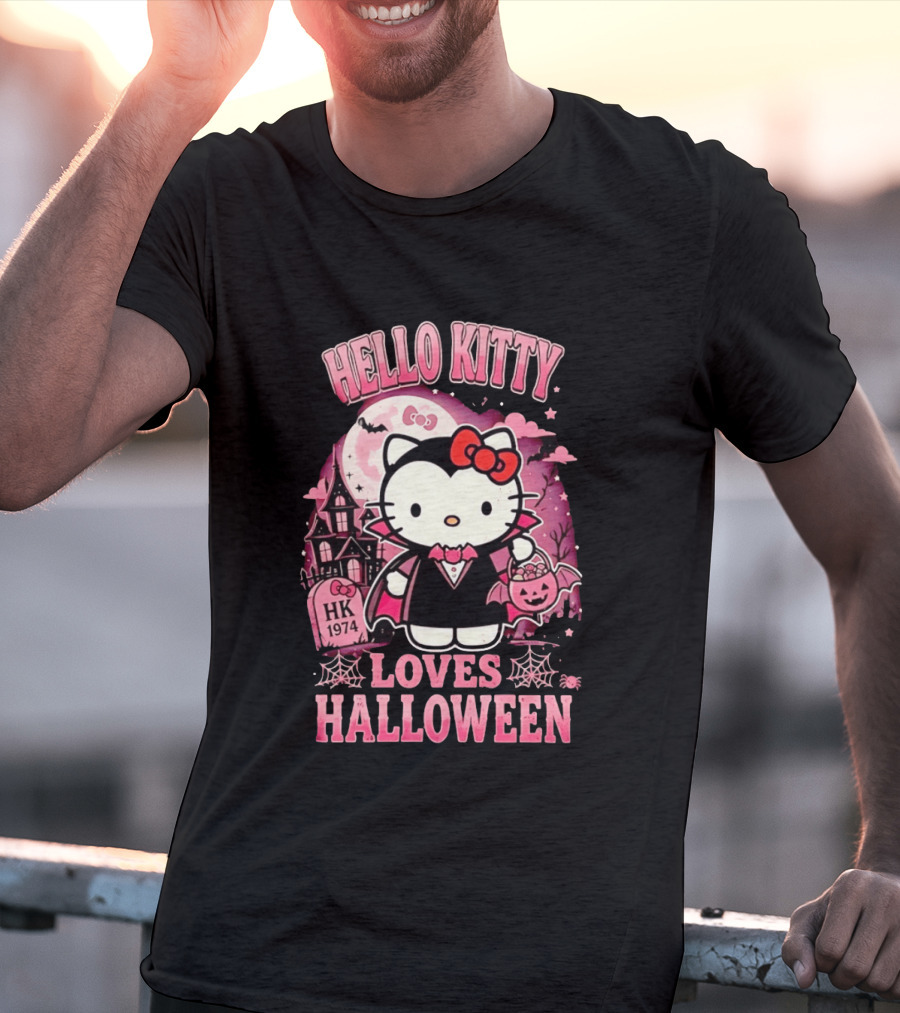 Hello Kitty Loves Halloween Vampire Costume Pink Bats And Haunted House T-Shirt